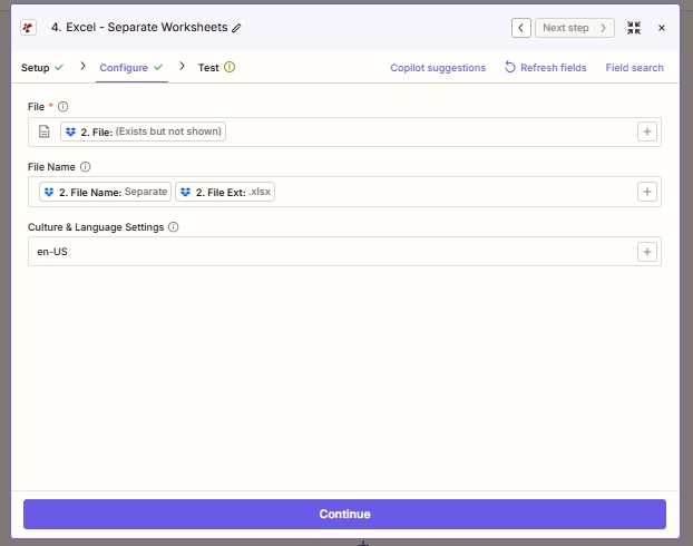 Zapier Excel - Separate Worksheets action Configure tab showing File mapped to 2. File, File Name assembled from 2. File Name Separate plus 2. File Ext .xlsx, and Culture & Language Settings set to en-US.